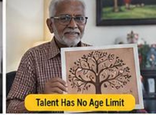 Senior citizen participant showcasing his artwork